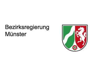 Logo der Bezirksregierung Münster mit Schriftzug und Wappen in grüner und roter Farbgebung.