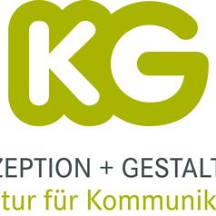 Logo der Agentur für Kommunikation „KG“ in grüner und grauer Schrift mit den Worten „KONZEPTION + GESTALTUNG“.
