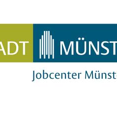 Logo der Stadt Münster mit der Aufschrift „Jobcenter Münster“ in zwei Farbfeldern.