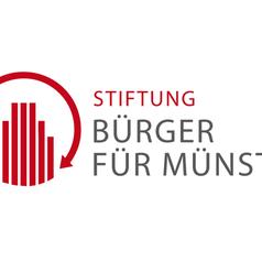 Logo der Stiftung „Bürger für Münster“ mit Balkendiagramm und umlaufendem Pfeil in Rot und Grautönen.