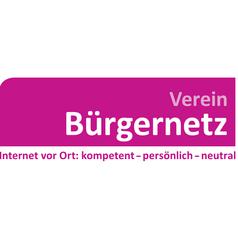 Logo des Vereins Bürgernetz mit dem Slogan „Internet vor Ort: kompetent – persönlich – neutral“ auf pinkem Hintergrund.