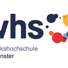 Logo der Volkshochschule Münster mit Schriftzug „vhs“ und bunten, kreisförmigen Elementen in verschiedenen Farben.