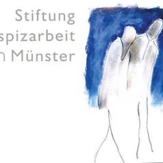 Zeichnung zweier Figuren in sanften Farben, darüber der Text „Stiftung Hospizarbeit in Münster“.