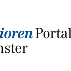Logo des Seniorenportals Münster mit blauer und lila Blütengrafik und Schriftzug in blauer und schwarzer Schrift.