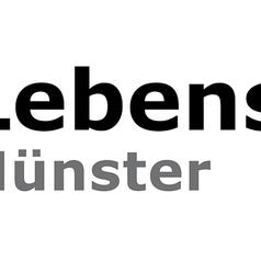 Logo der Lebenshilfe Münster mit einem blauen Symbol und dem Schriftzug "Lebenshilfe Münster" in Schwarz und Grau.