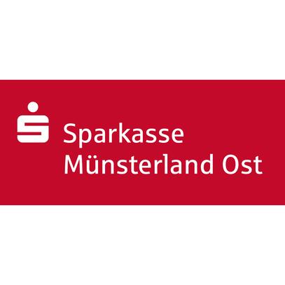 Logo der Sparkasse Münsterland Ost mit rotem Hintergrund und weißem Schriftzug.