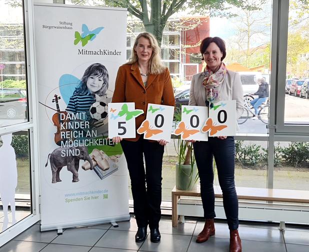Zwei Frauen halten Tafeln mit der Zahl 5000 vor einem Banner der Stiftung MitmachKinder in einem modernen Raum.