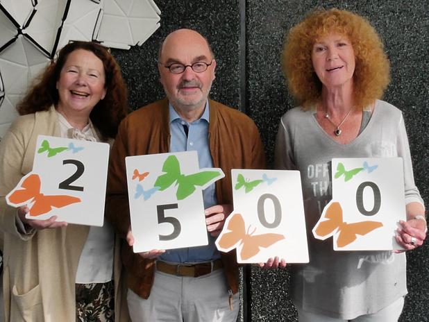 Drei Personen halten Karten mit den Zahlen 2, 5, 0 und 0, bedruckt mit bunten Schmetterlingen, vor einer strukturierten Wand.